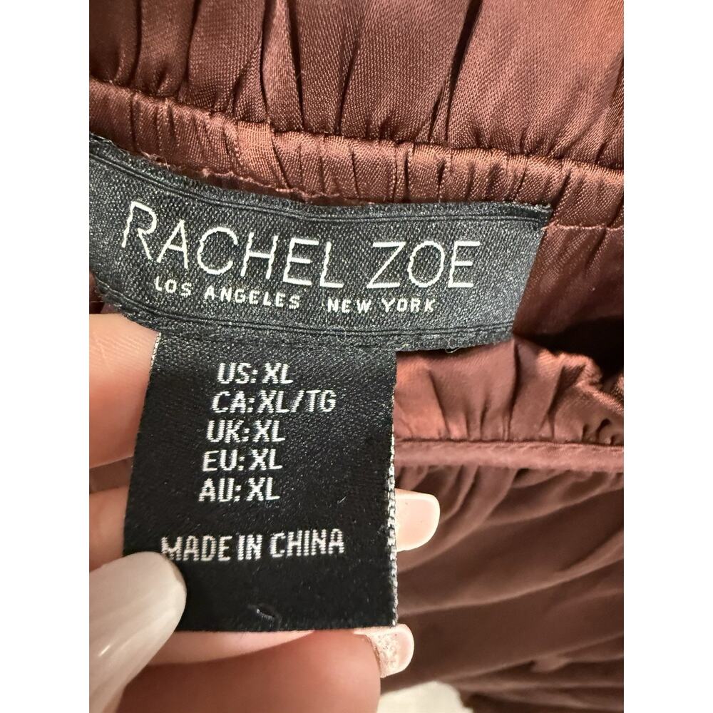 Rachel Zoe Blouse Womens XL chocolate Satin Long Sleeve Pleated Accents - Picture 3 of 7